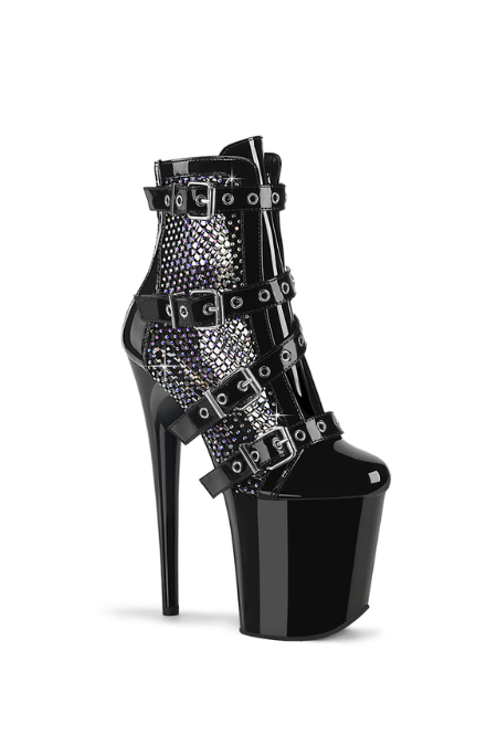 Botin Pleaser Flamingo Negro con Malla de Brillos y Hebillas